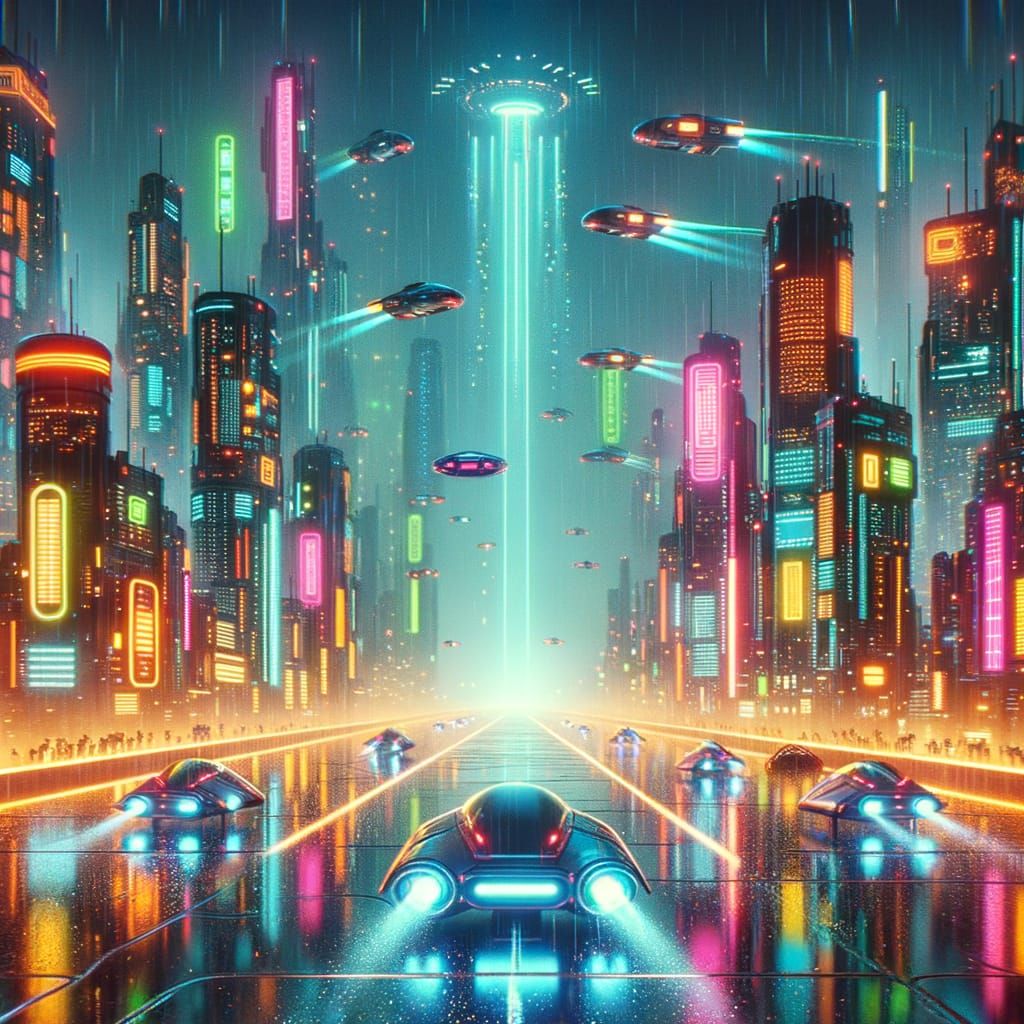 A Futuristic City at Night in Retro Cartoon Style