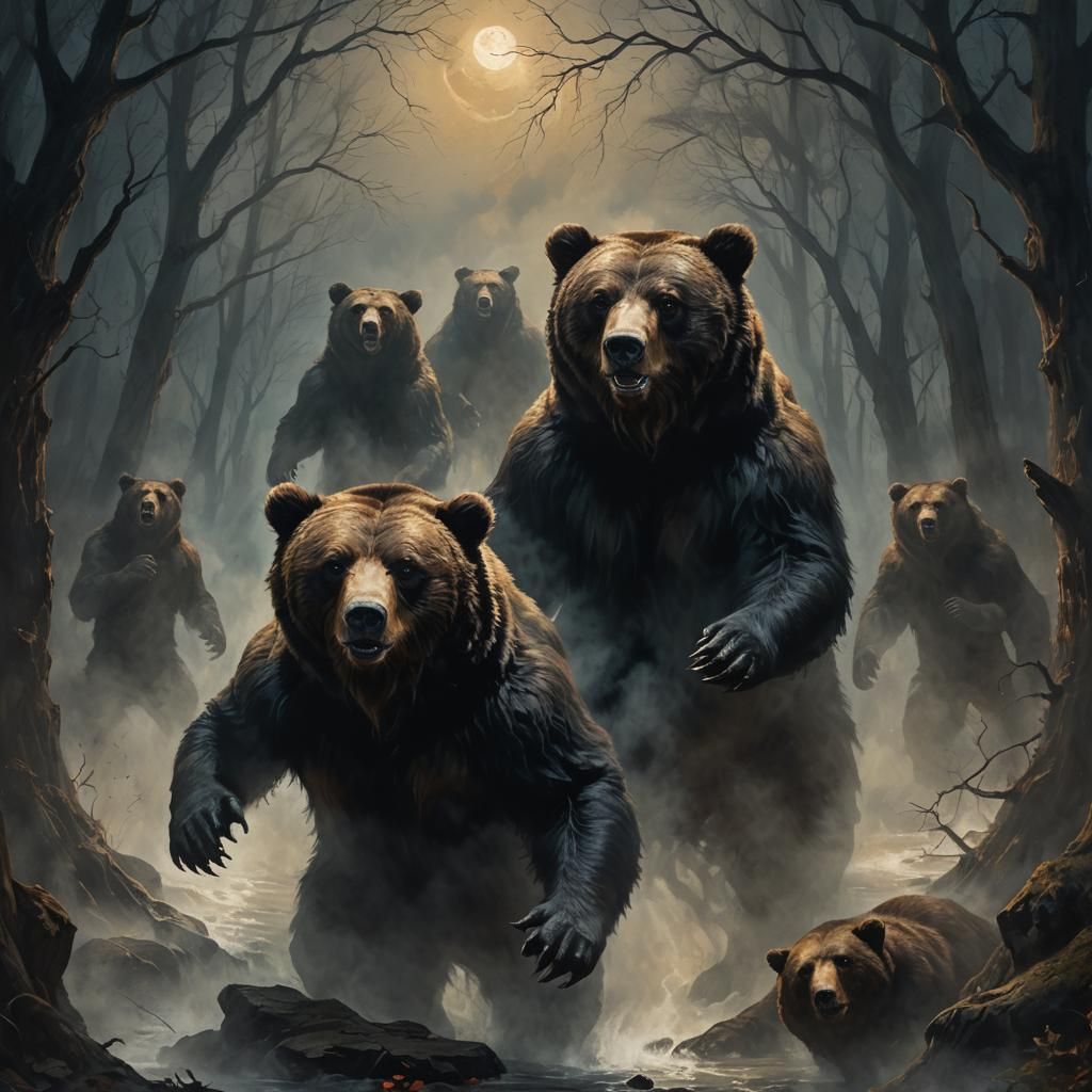 Eerie Dark Fantasy: Levitating Above Glowing-Eyed Bears