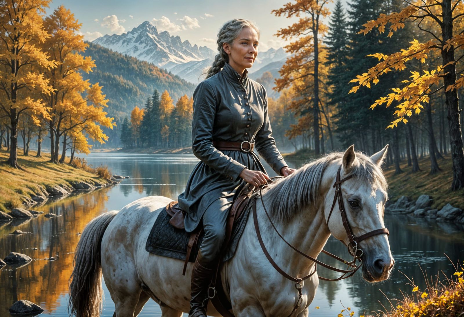 Woman Rides Horse in Autumn: Chiaroscuro Painting