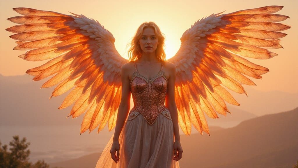 Vigilant Guardian Angel at Sunrise, Rose Gold Armor and Wing...