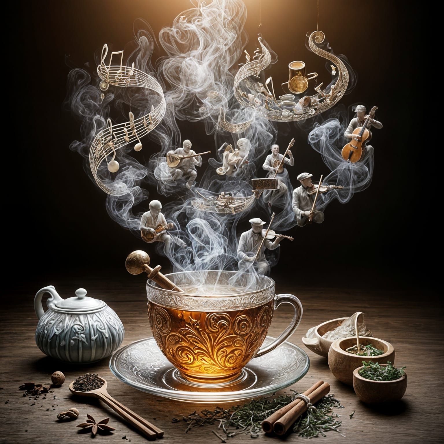 Musical Steam Band Rising from Tea Cup