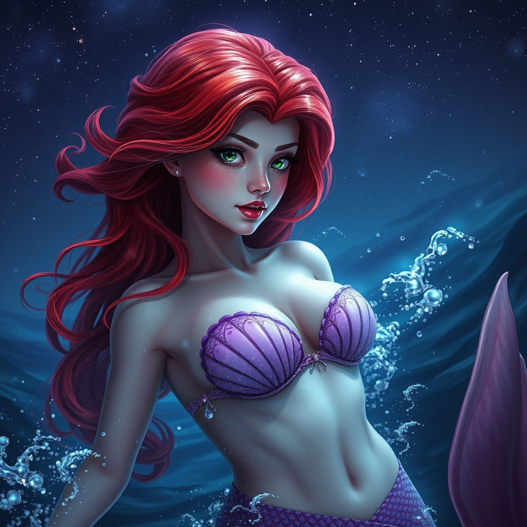 Red-Haired Mermaid in Bioluminescent Ocean, Fantasy Concept ...