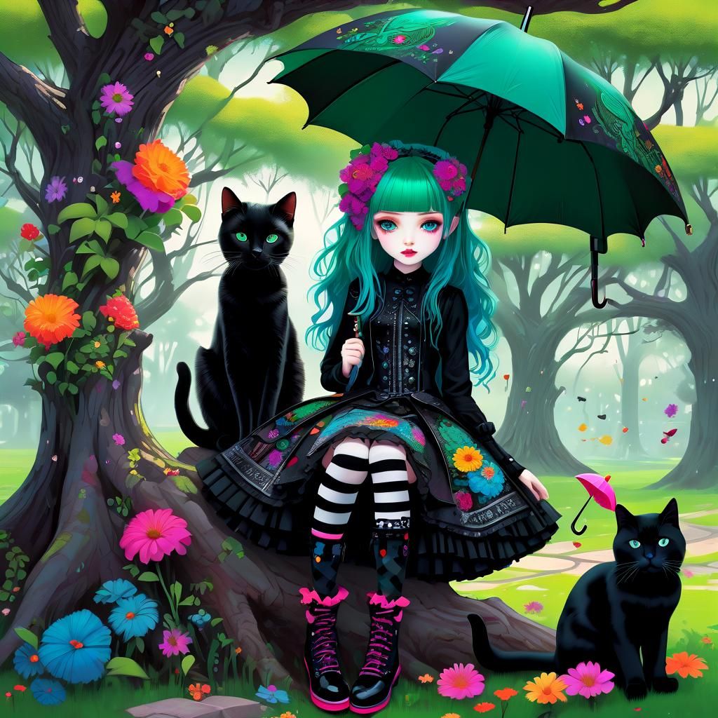 Gothic Girl with Cat in Whimsical Floral Nightscape