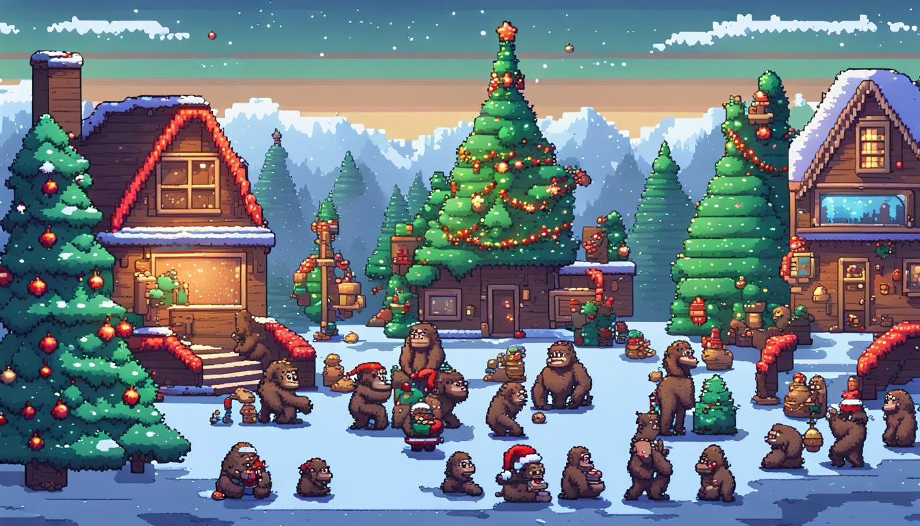 Festive 8-bit Gorillas Celebrate Christmas in Pixel Art