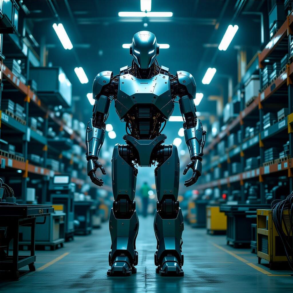 Industrial Robot in Dystopian Factory, Sci-Fi Art