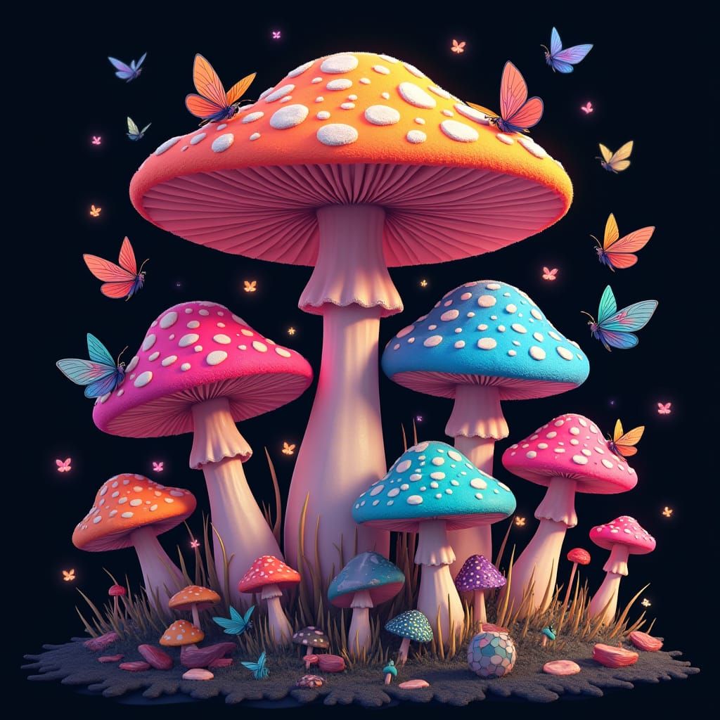 Cartoon Mushrooms and Moths in Fantasy Landscape
