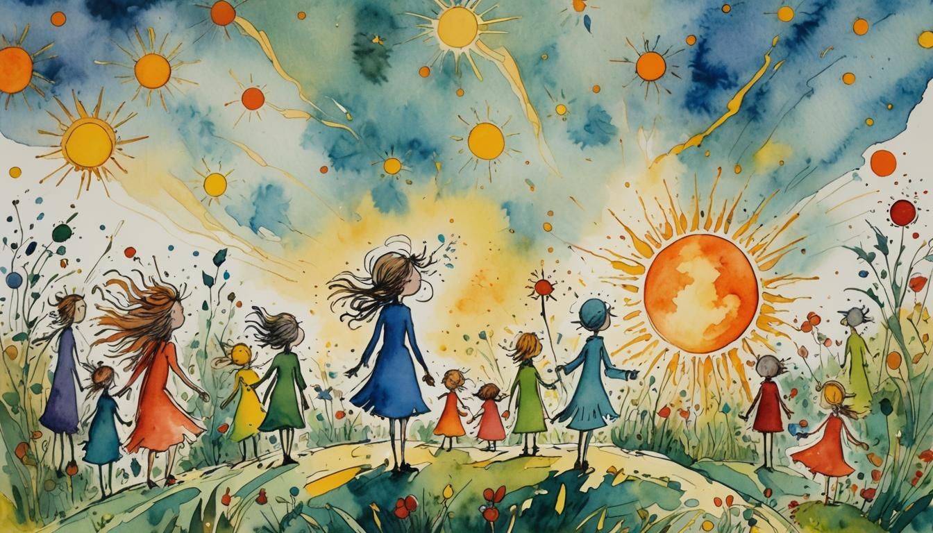 Fairy Tale Sun in Quentin Blake Watercolor Style
