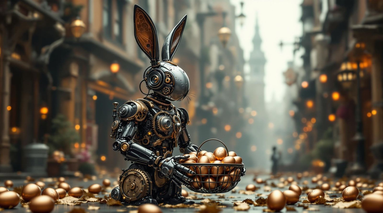 Steampunk Easter Android in Victorian Cityscape