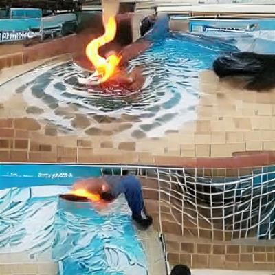 Man Creates Fire in Swimming Pool