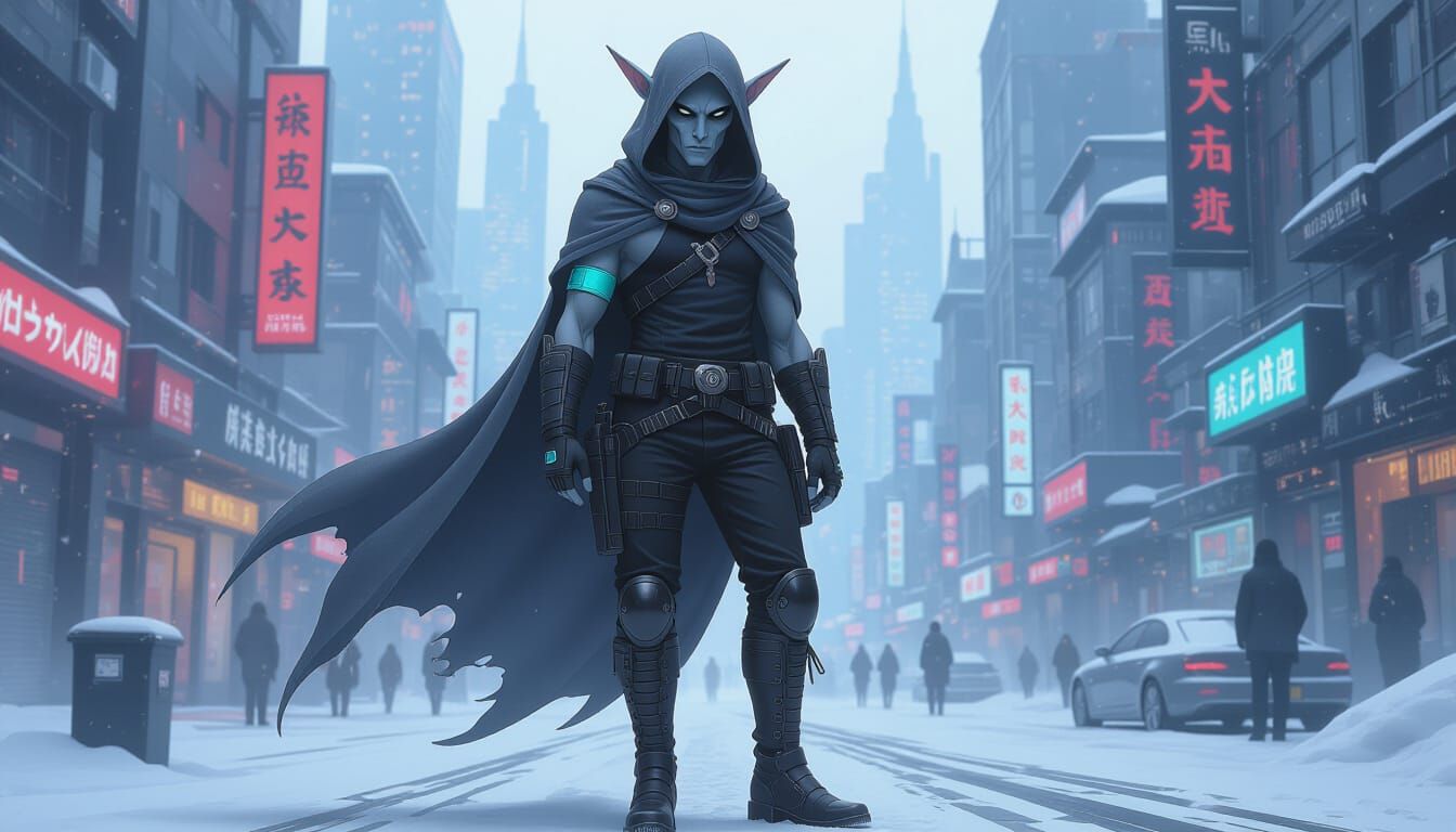 Cyberpunk Alien Man in Urban Setting - Semi-Anime Style