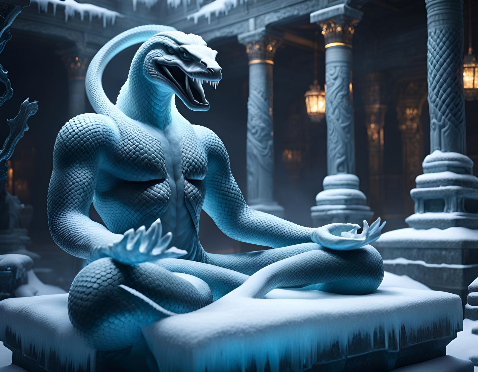 Ice sculpture of a snake man meditating