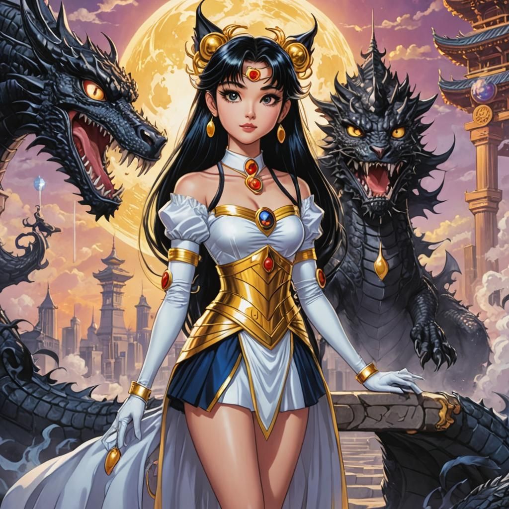 Asian Woman as Luna with Black Dragon in Comic Art