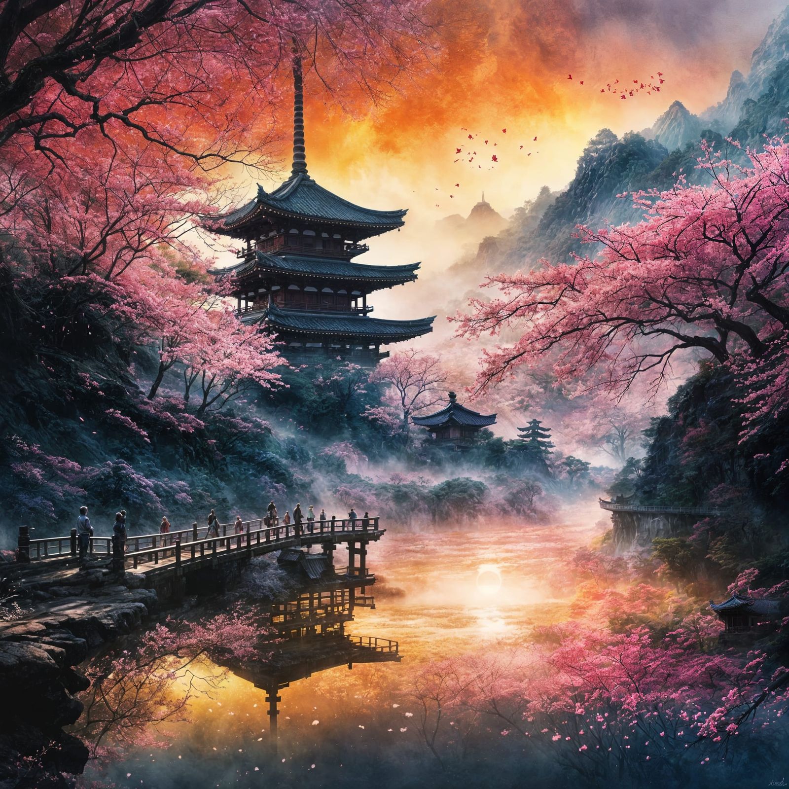 Breathtaking Japanese Spring Sunrise with Temples and Sakura