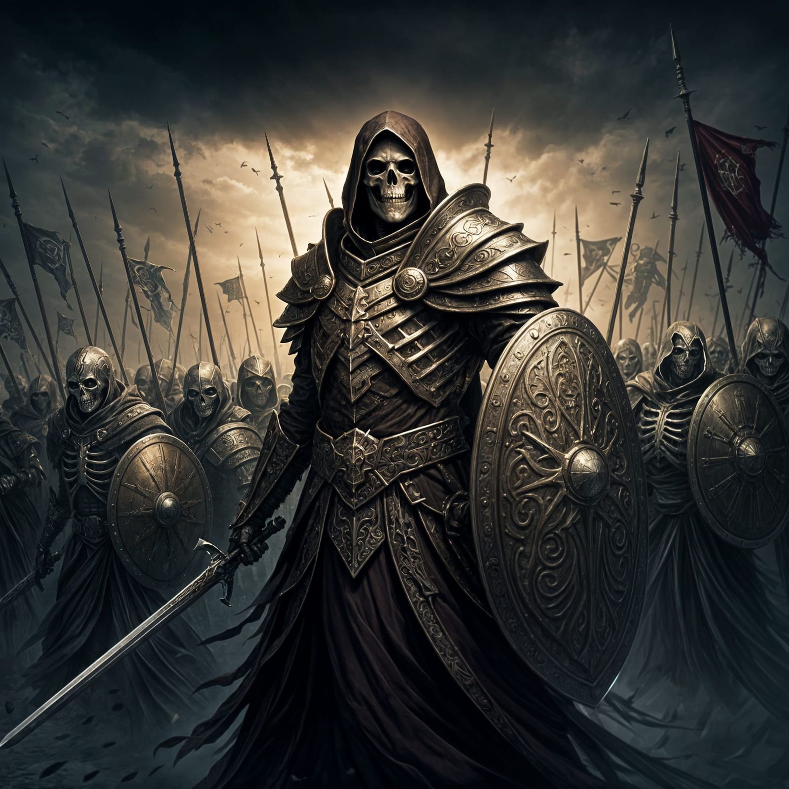 Necromancer Commands Skeleton Army in Hyperrealistic Art