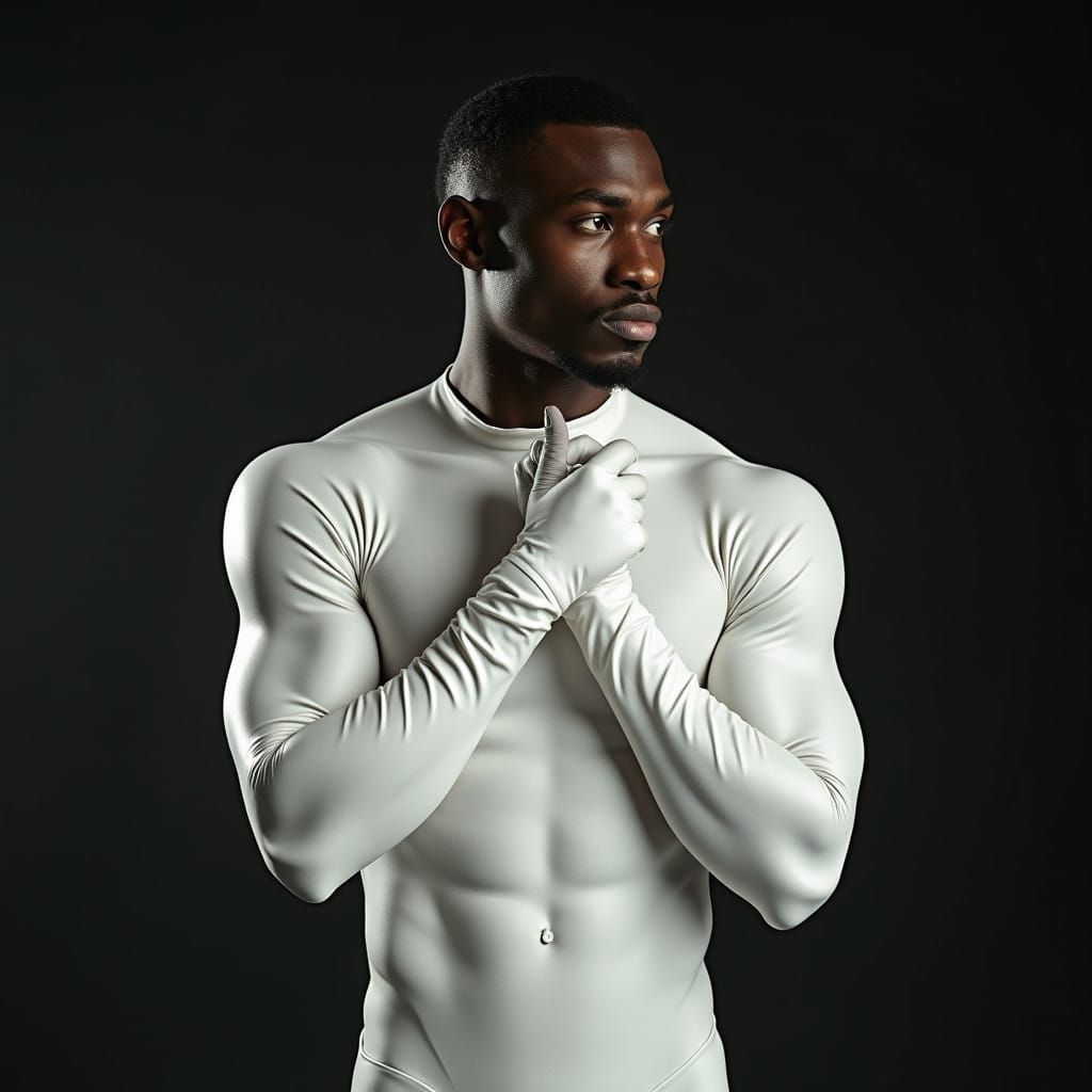 Confident Futuristic Figure in Dark Latex Bodysuit