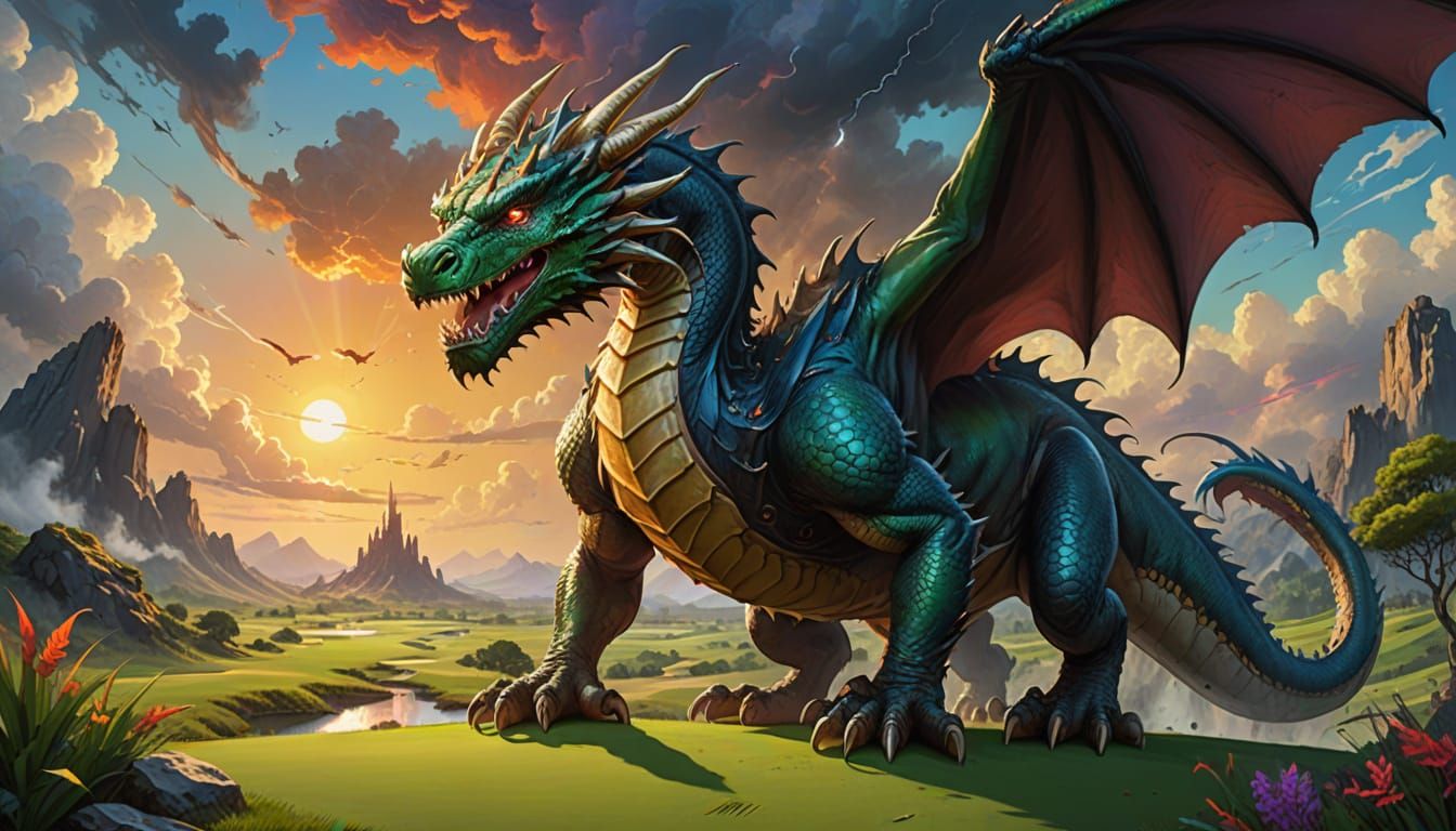 Millennial Dragon on Golf Course, Oil Painting