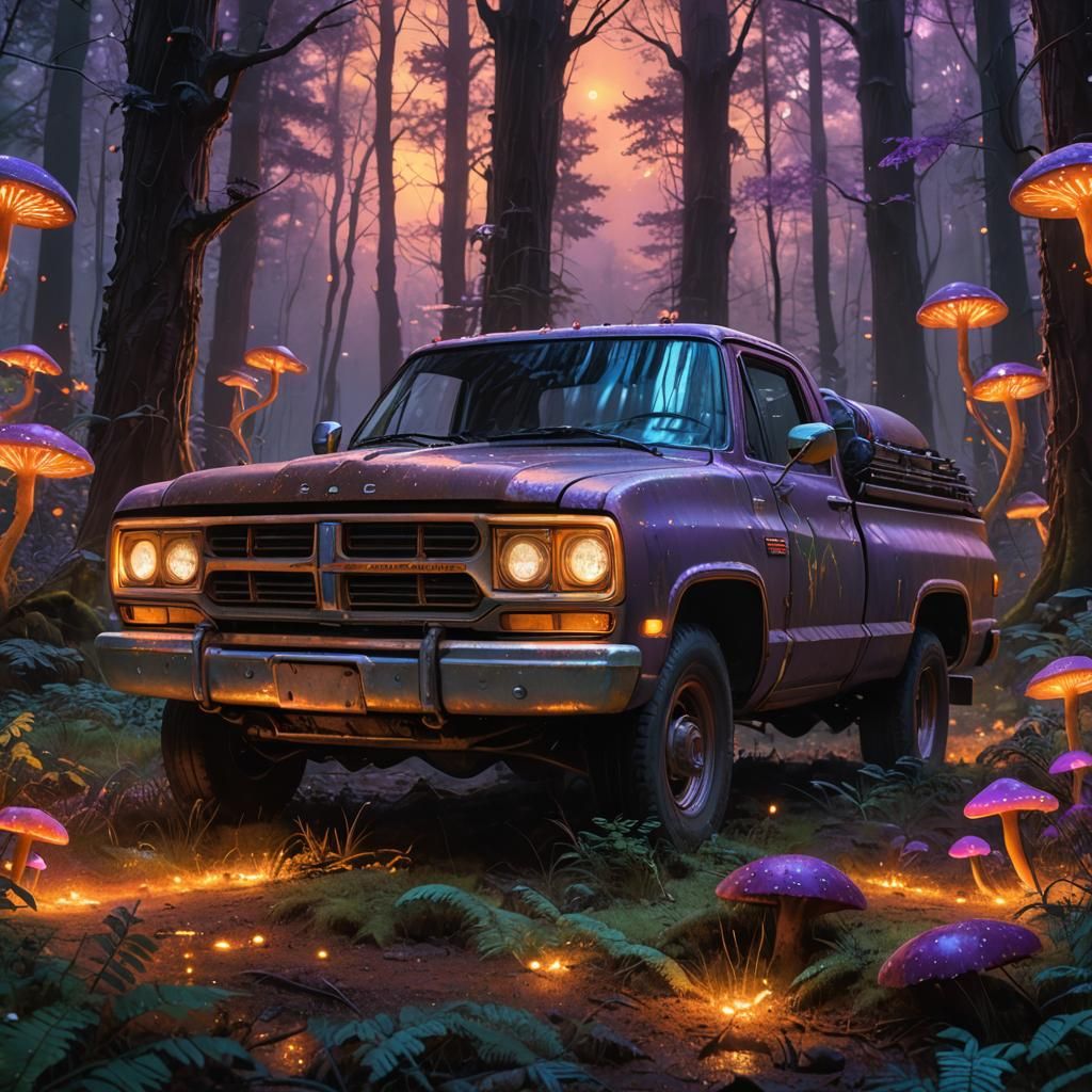 Neon Dodge Truck in Mystical Forest
