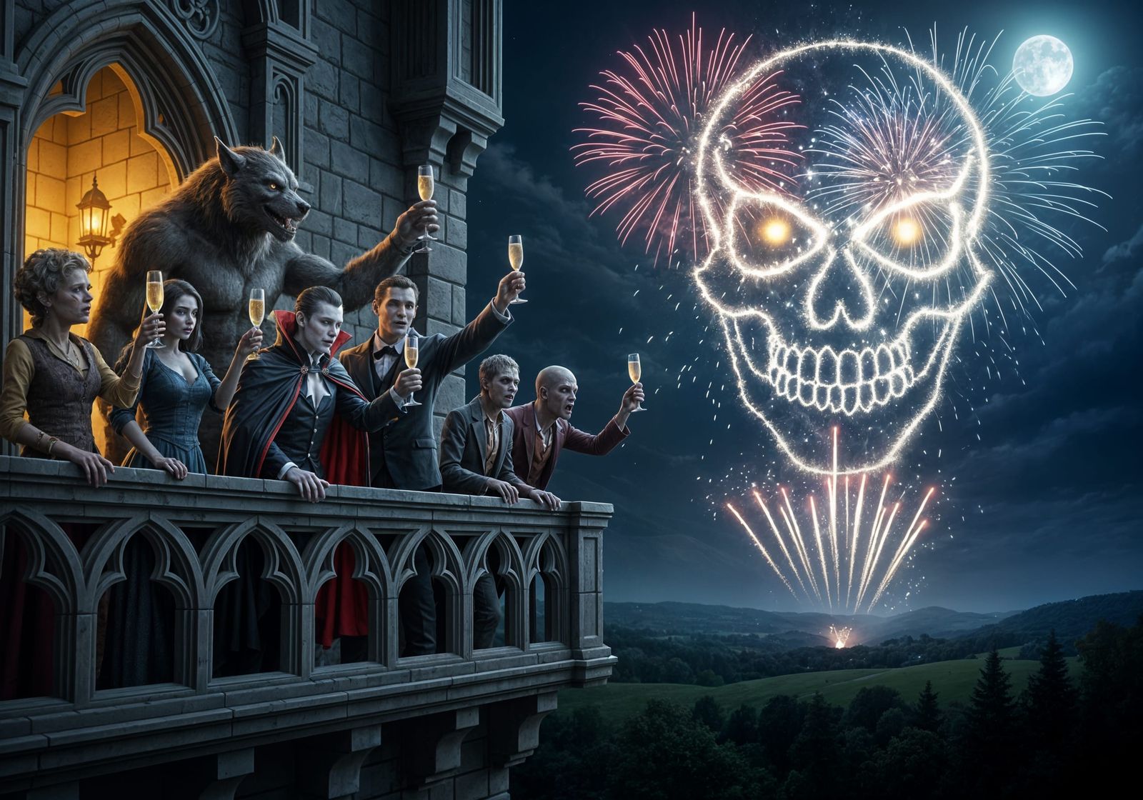 Monsters Celebrate New Year's Eve With Skull Fireworks