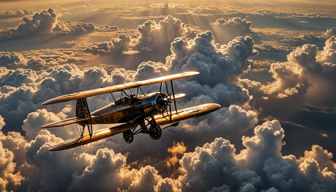 Steampunk Biplane Soaring Above Epic Cloudscape