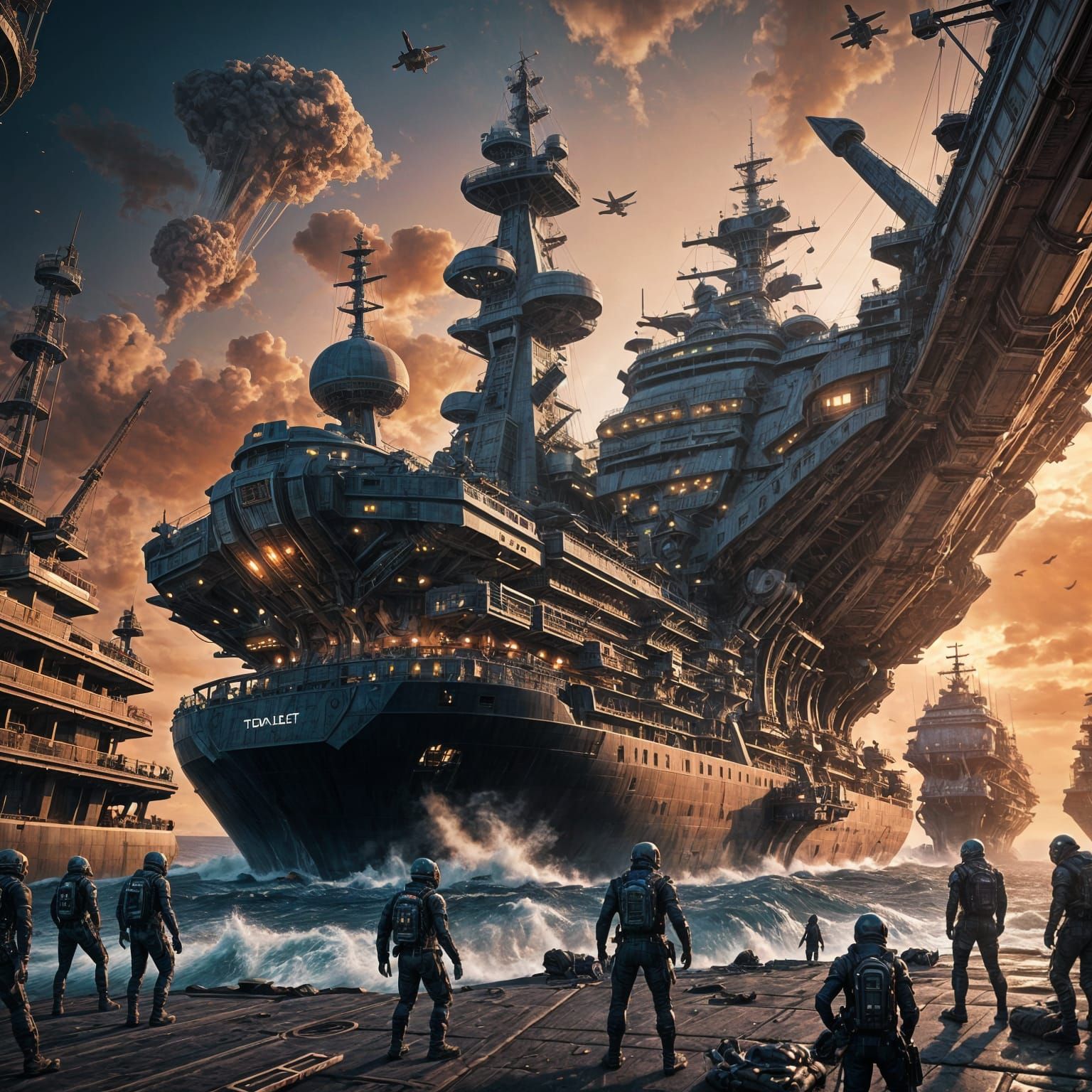 Alien Attack on Spaceship at Sunset: Hyperrealistic Art