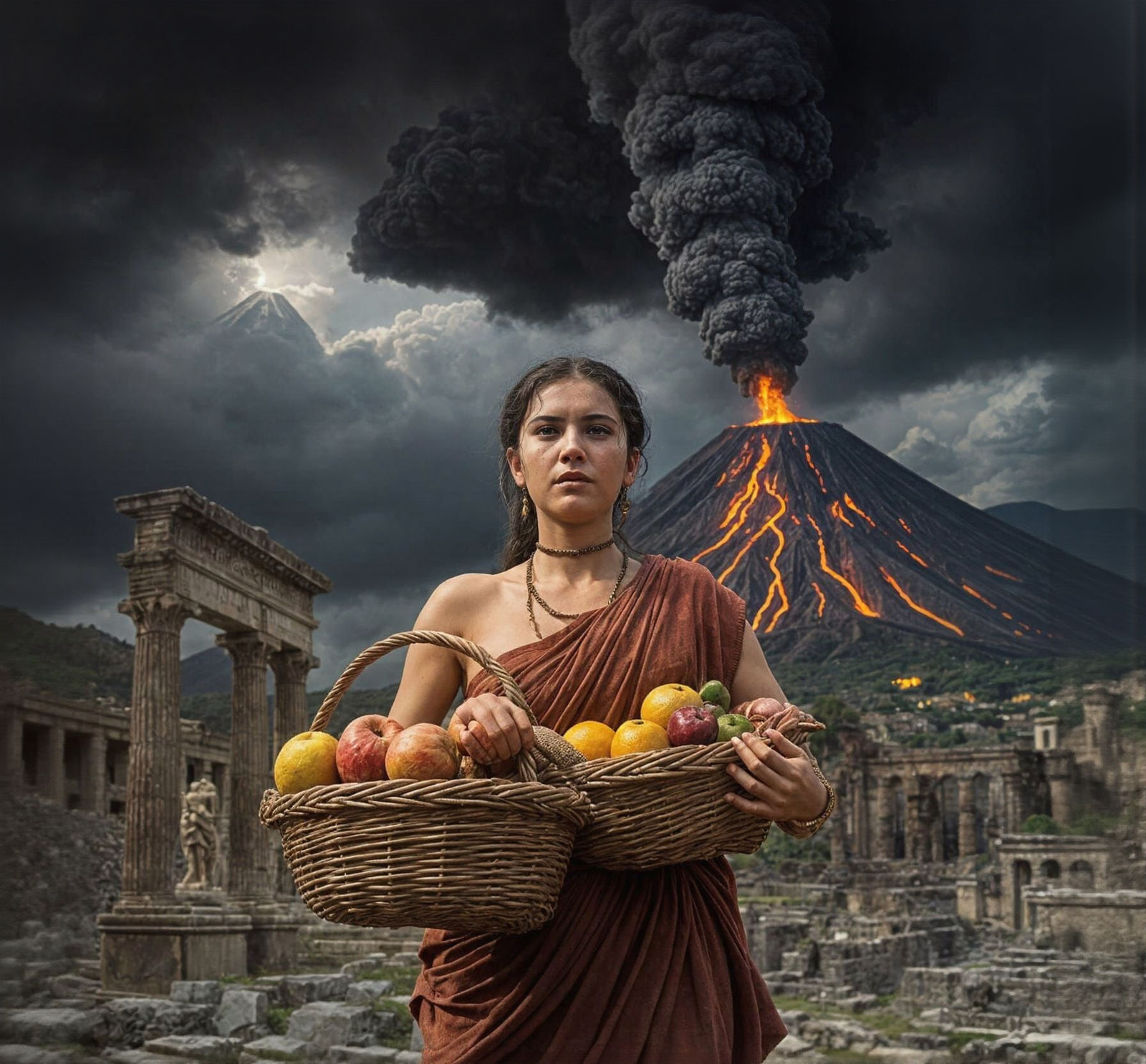 Scared Roman Woman in Pompeii During Volcano Eruption