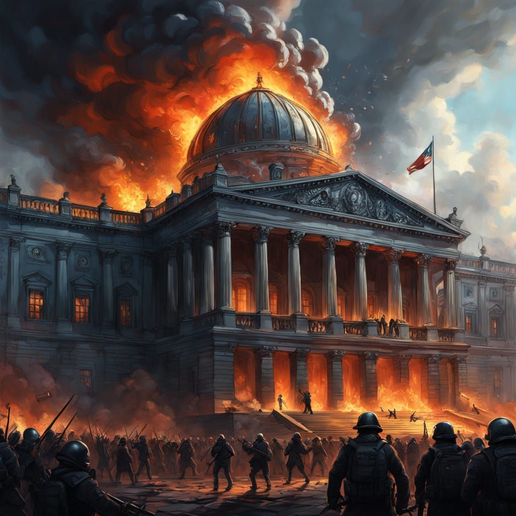 Burning Parliament Building Amidst Protest And Conflict