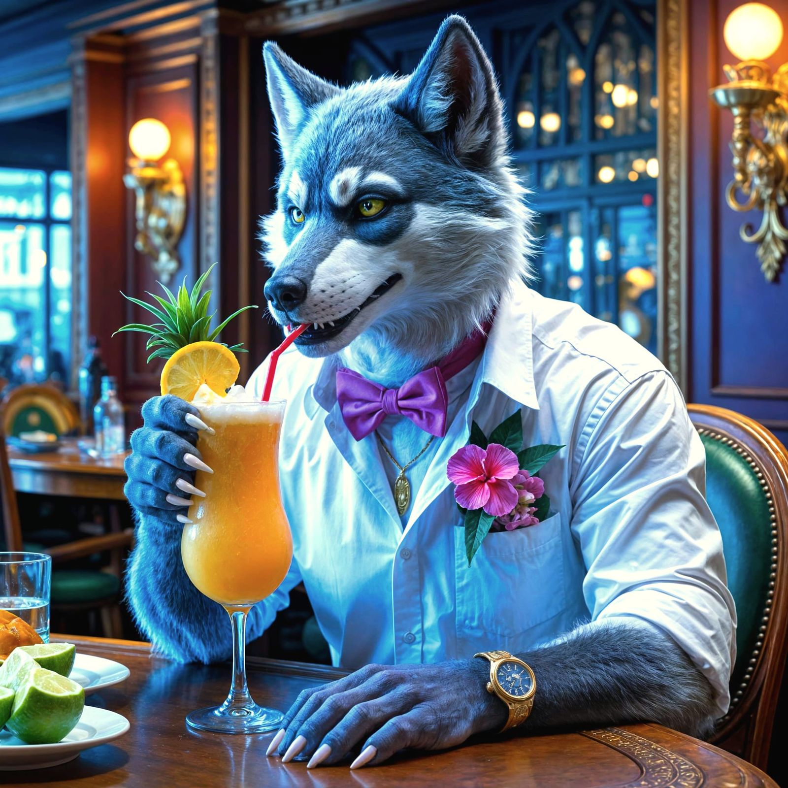 Dapper Werewolf Enjoys Piña Colada in Hyperrealist Style