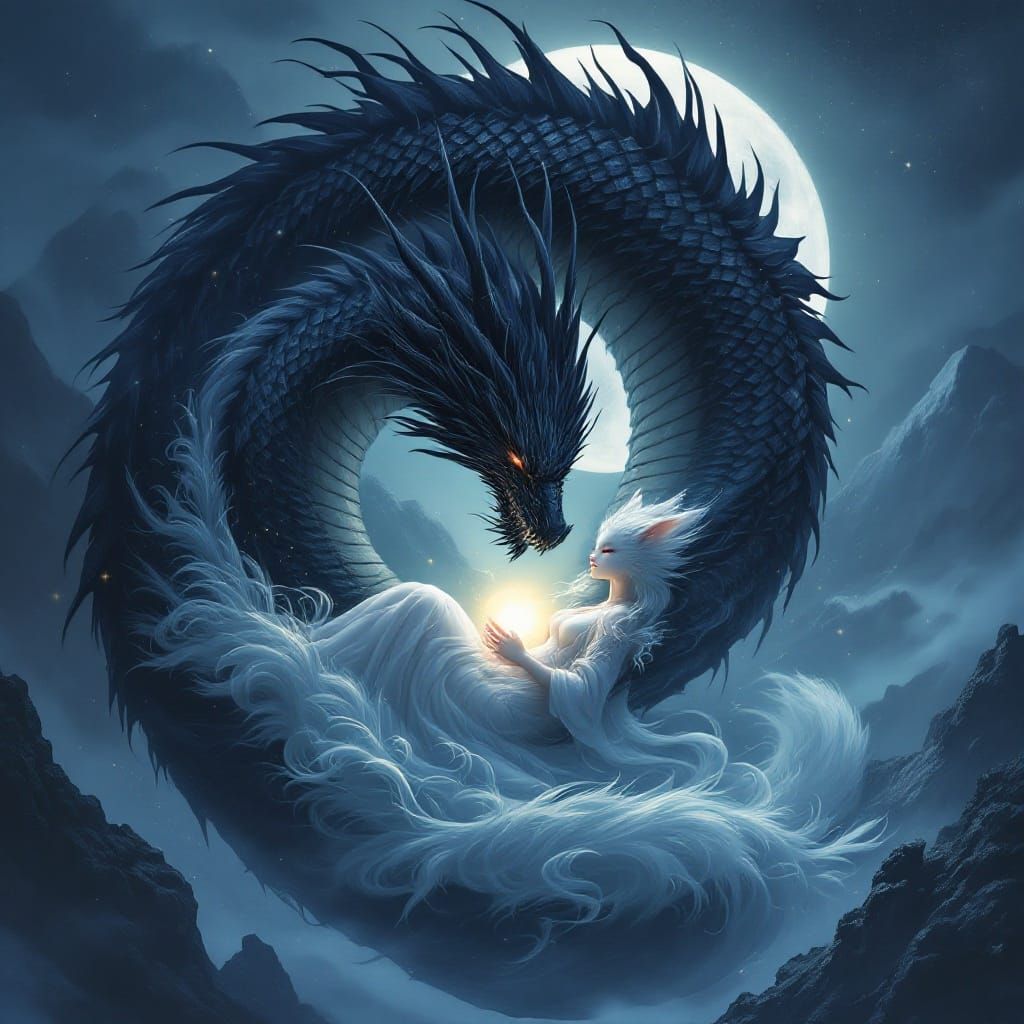 Majestic Black Dragon Cradles Pregnant White Kitsune in Anci...