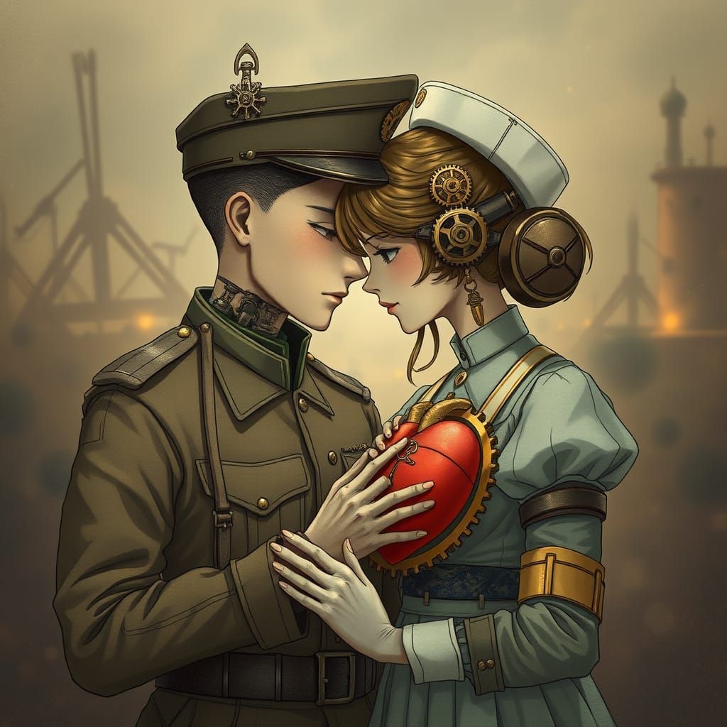Romantic Clockwork Anime Portrait of War-Torn Lovers