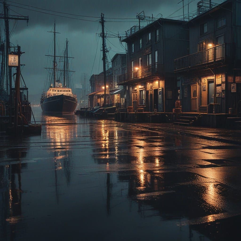Gloomy Seaport Evening with Blurred Neon Lights