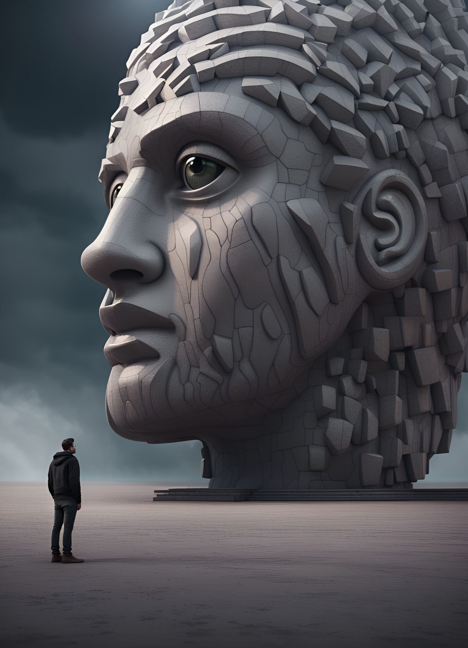Man Observes Giant Face Statue in Concrete Art Style
