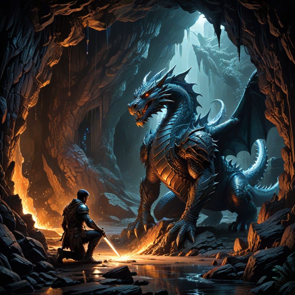 Knight Kneels Before Dragon in Cave Comic Art
