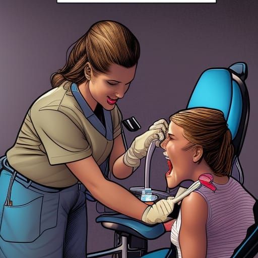 Dentist Cleaning Girl's Teeth in Comic Book Art