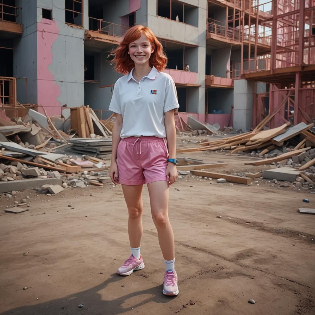 Young Woman with Red Hair at Construction Site