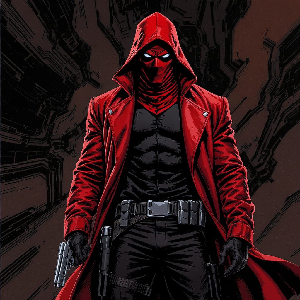 Crimson Hooded Figure With Dual Pistols
