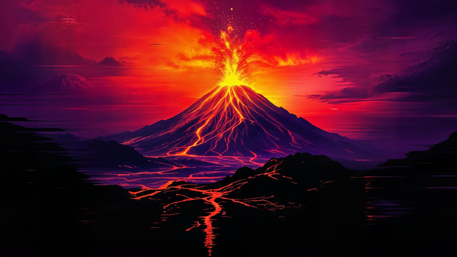 Vibrant Glitch Art of Erupting Volcano