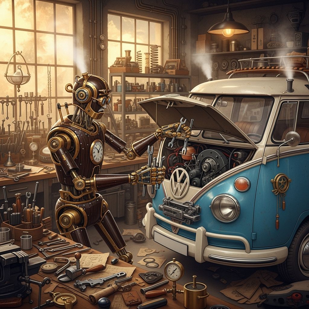 Steampunk Automaton Repairs Classic VW Van in Workshop