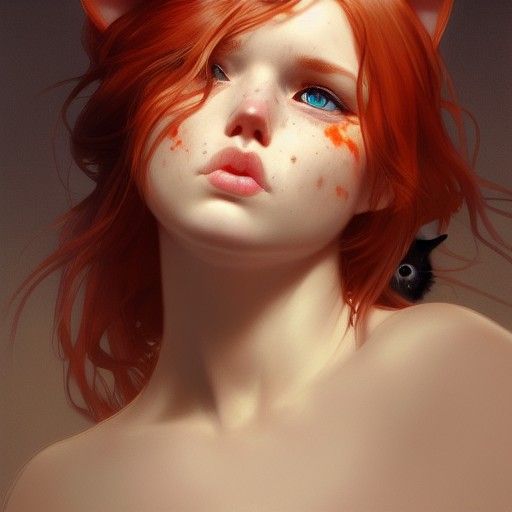 Redhead Girl and Cat Portrait in Art Nouveau Style