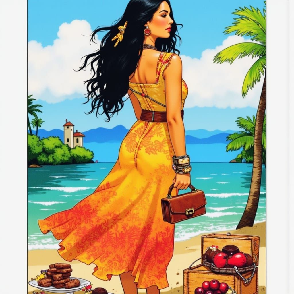 Woman in Elegant Dress with Vibrant Jewelry