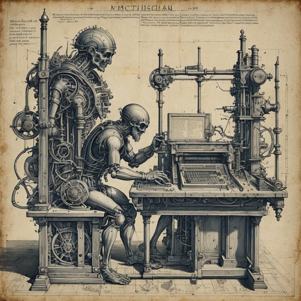 Mythical Mechanical Computer Blueprint in Steampunk Aestheti...