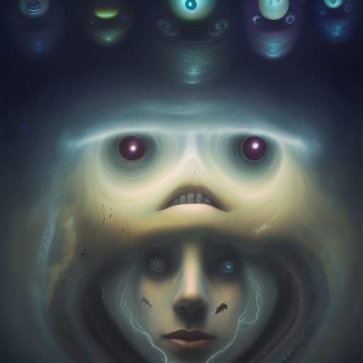 Surreal Multi-Eyed Figure in Dystopian Aurora