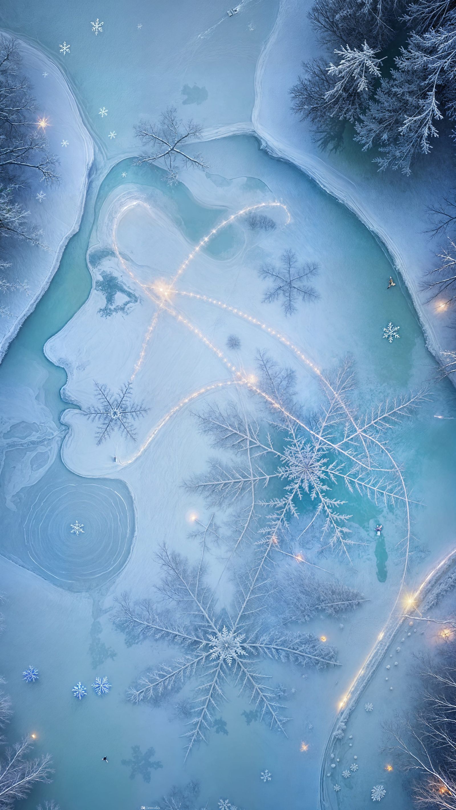 Frozen Lake with Vologda Lace Patterns and a Girl's Silhouet...