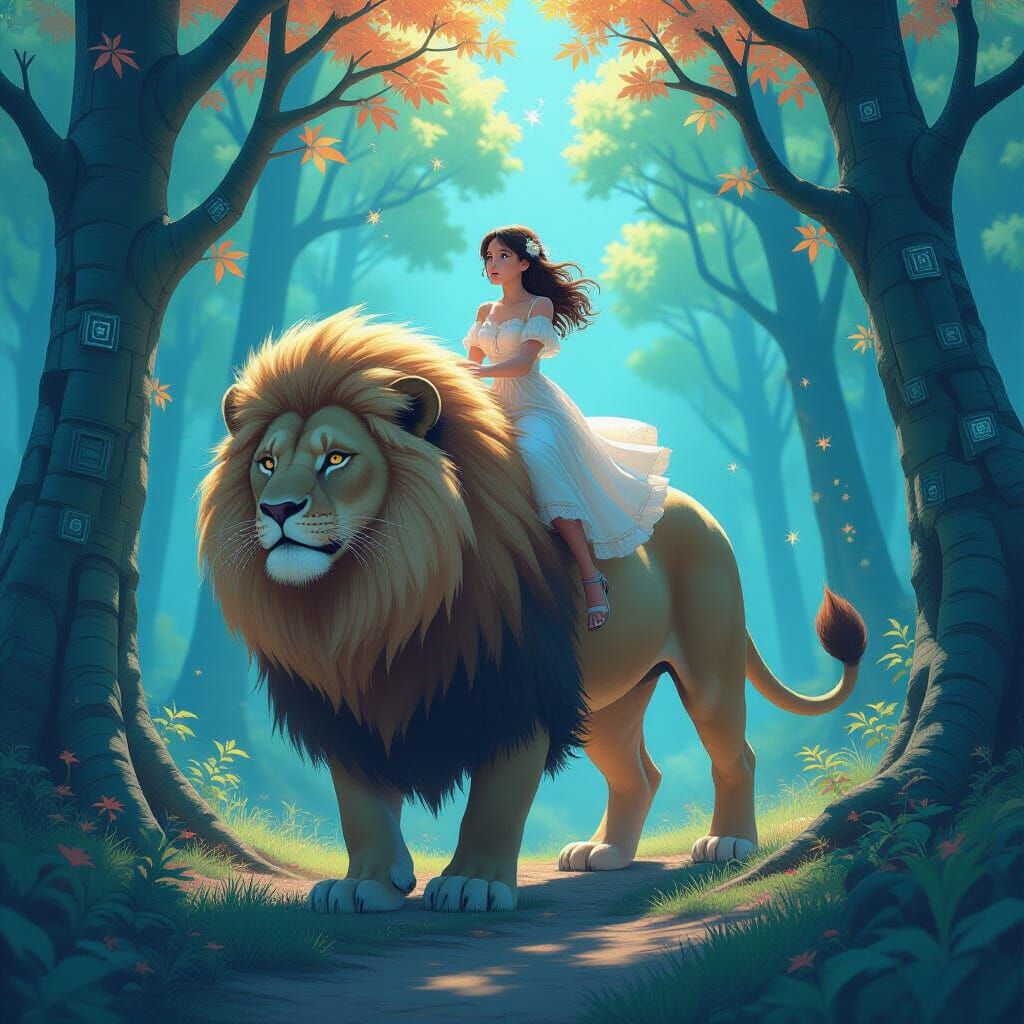 Girl Rides Lion Through Mystical Cybernetic Forest