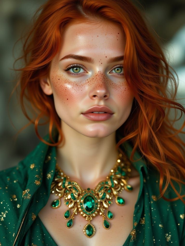 Elegant Model in Futuristic Salon with Gold and Emerald Neck...