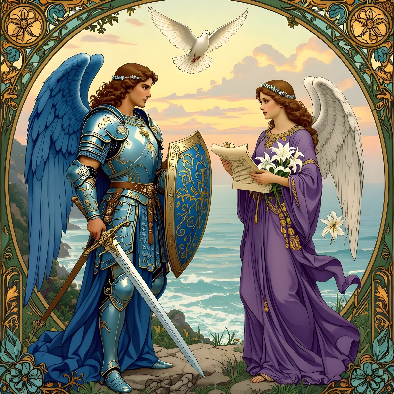 Archangels Michael, Gabriel, and Raphael in Art Nouveau Styl...