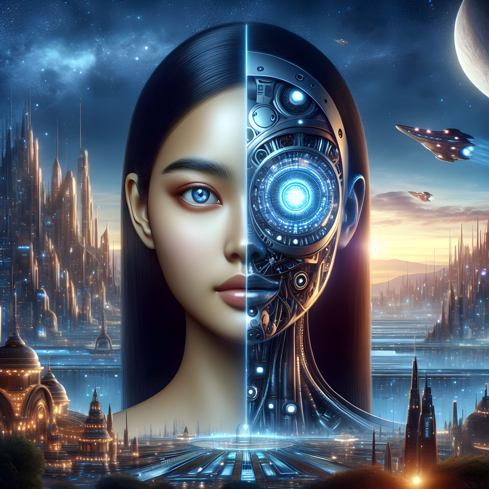 South Asian Woman Embraces Futuristic Alien Technology in Cy...