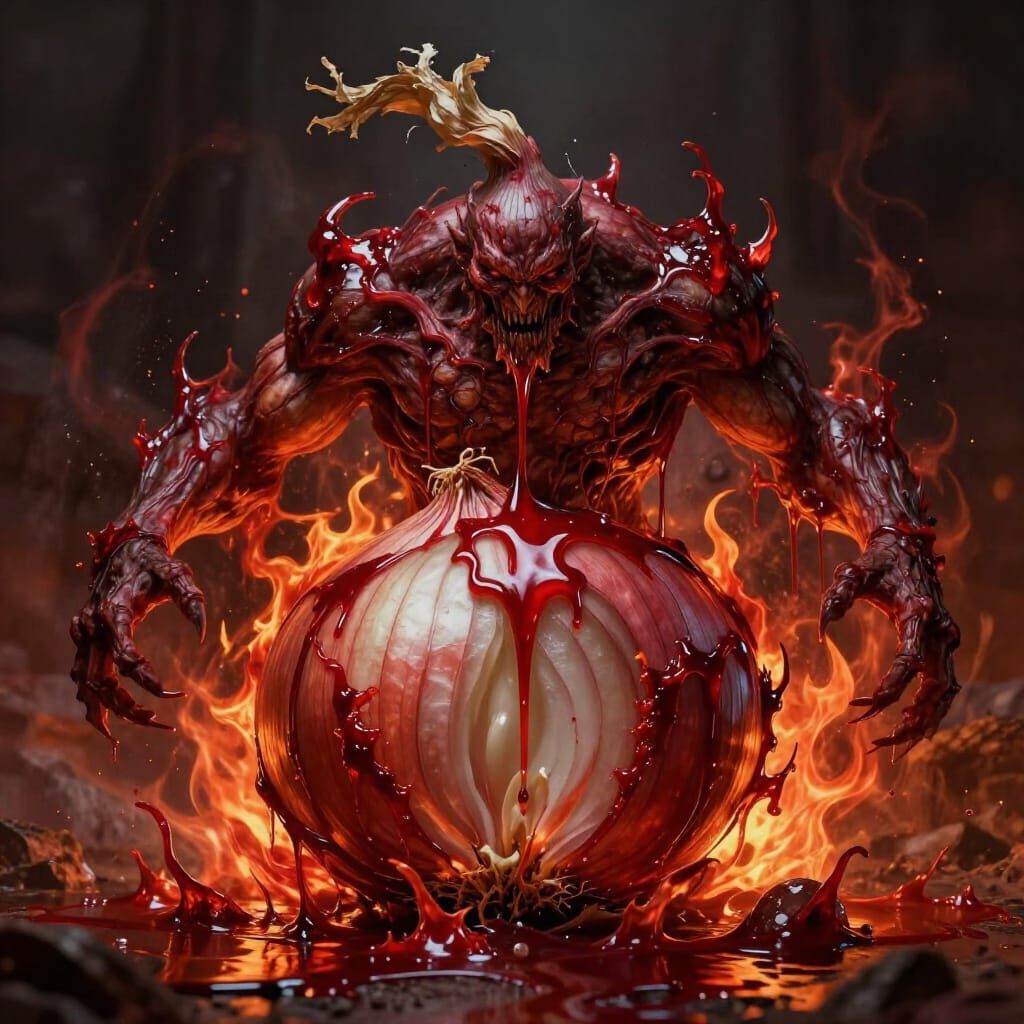Fiery Onion Blood Monster in Dark Fantasy Art