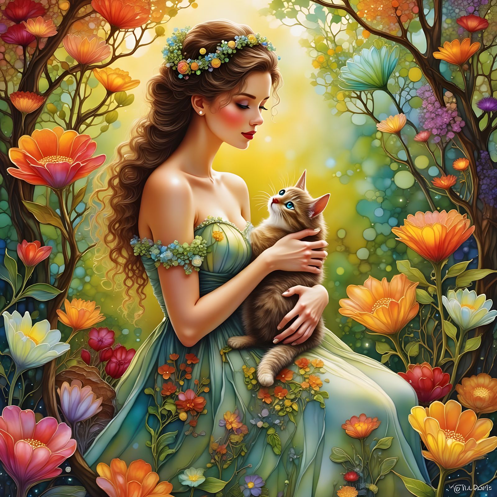 1950s Woman with Calico Cat in Garden