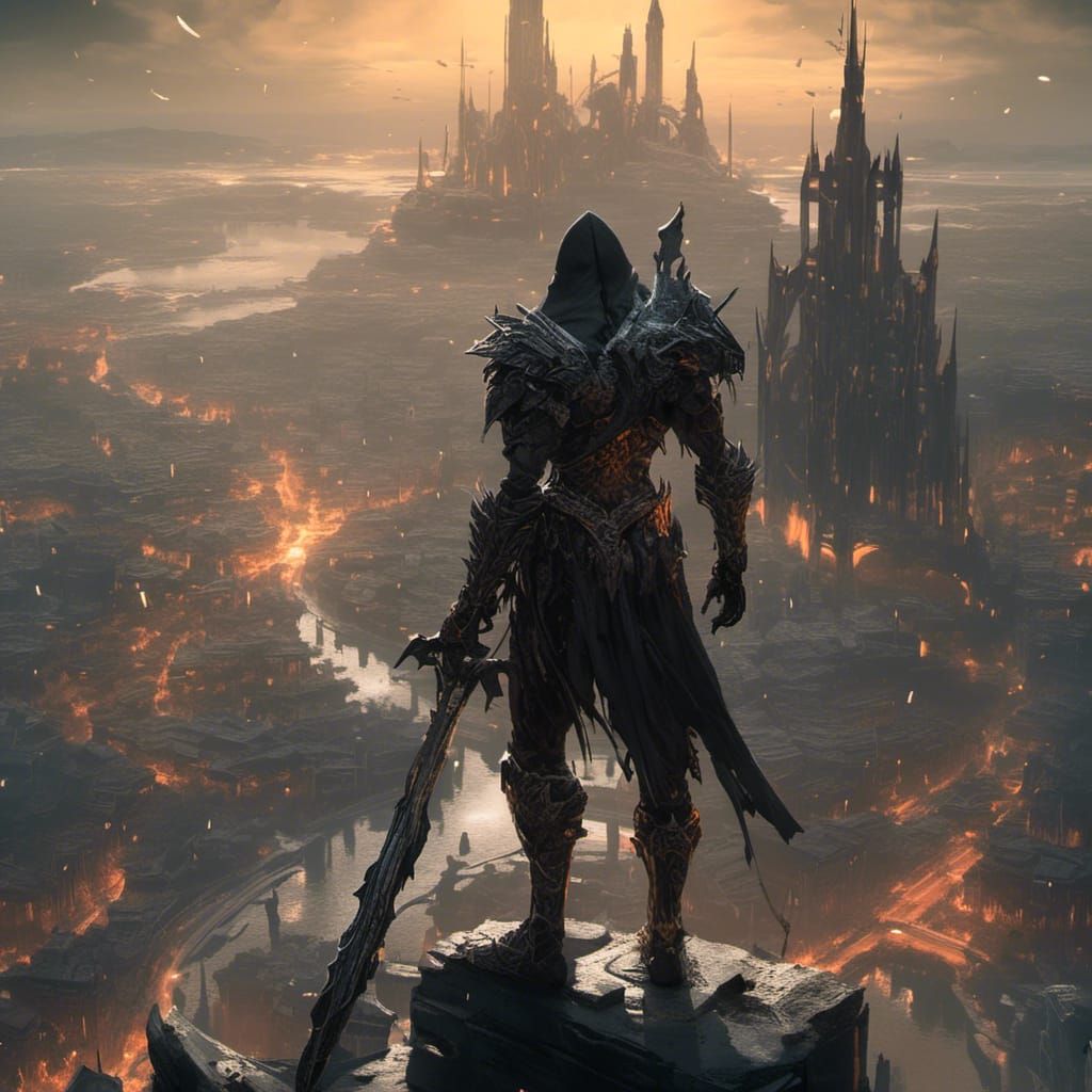Heroic Warrior with Magical Sword in Dream Cityscape