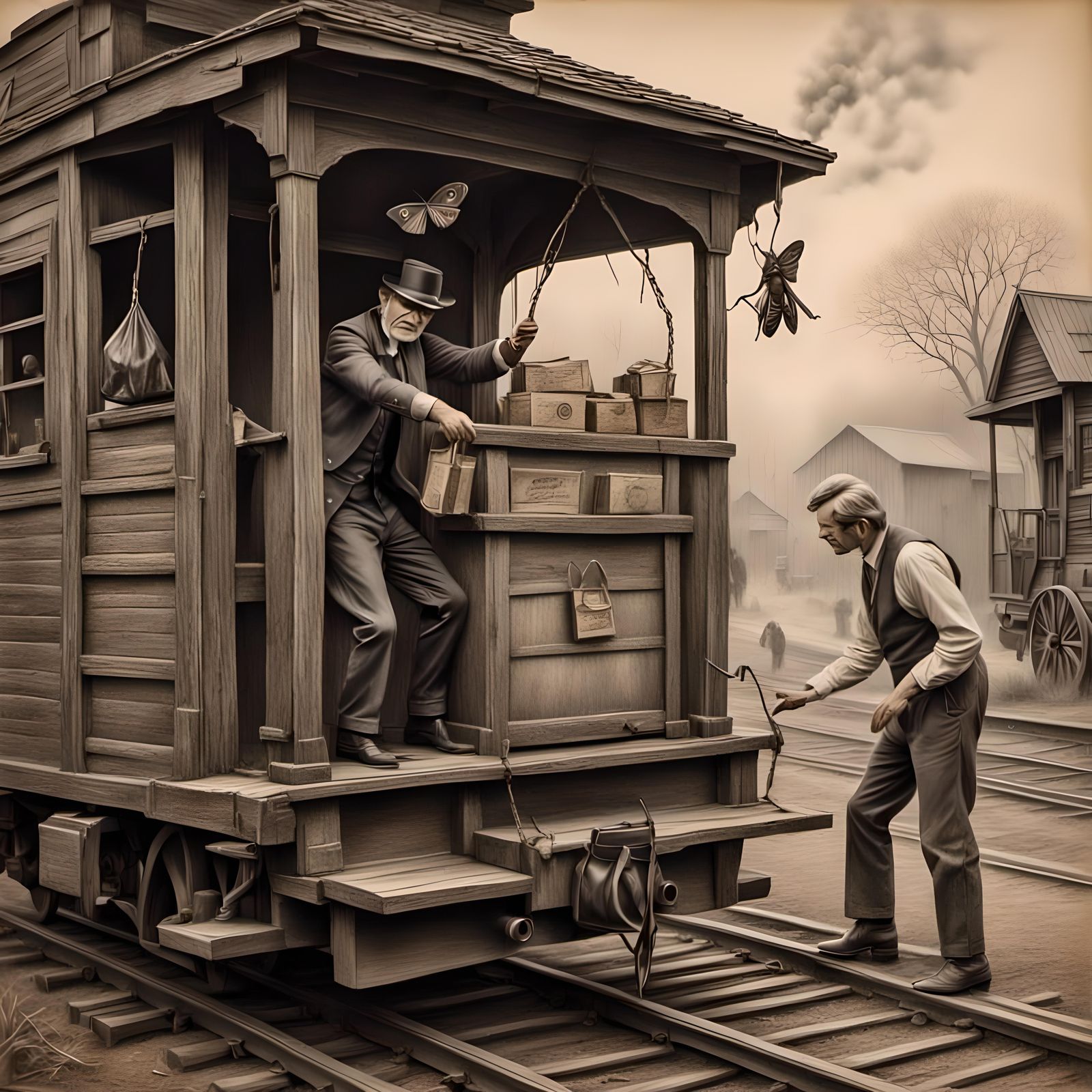 Railroad Clerk Grabbing Mail: Charcoal Pencil Sketch